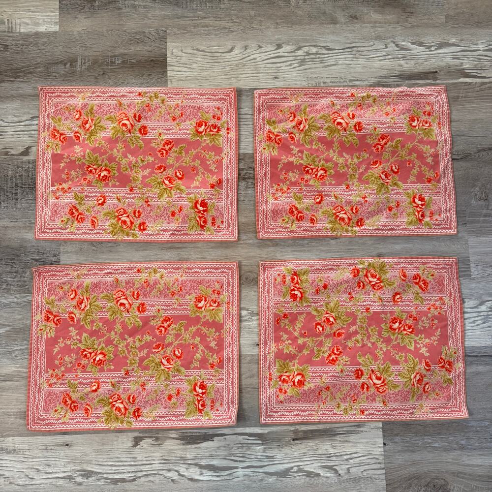 Vintage Pink Floral Rose Cottage Rose Placemats Set of 4 Cotton French Country